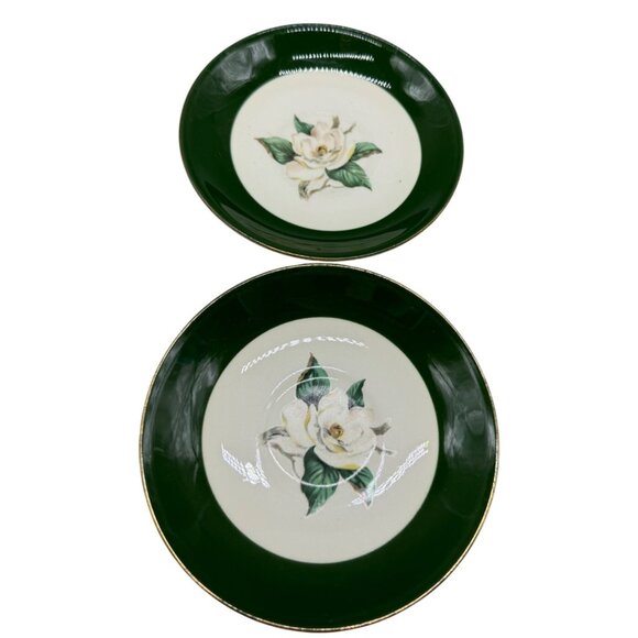 Jade Rose Crooksville Magnolia Green Trimmed Porcelain Bread Plates Set 2 READ - Picture 1 of 13